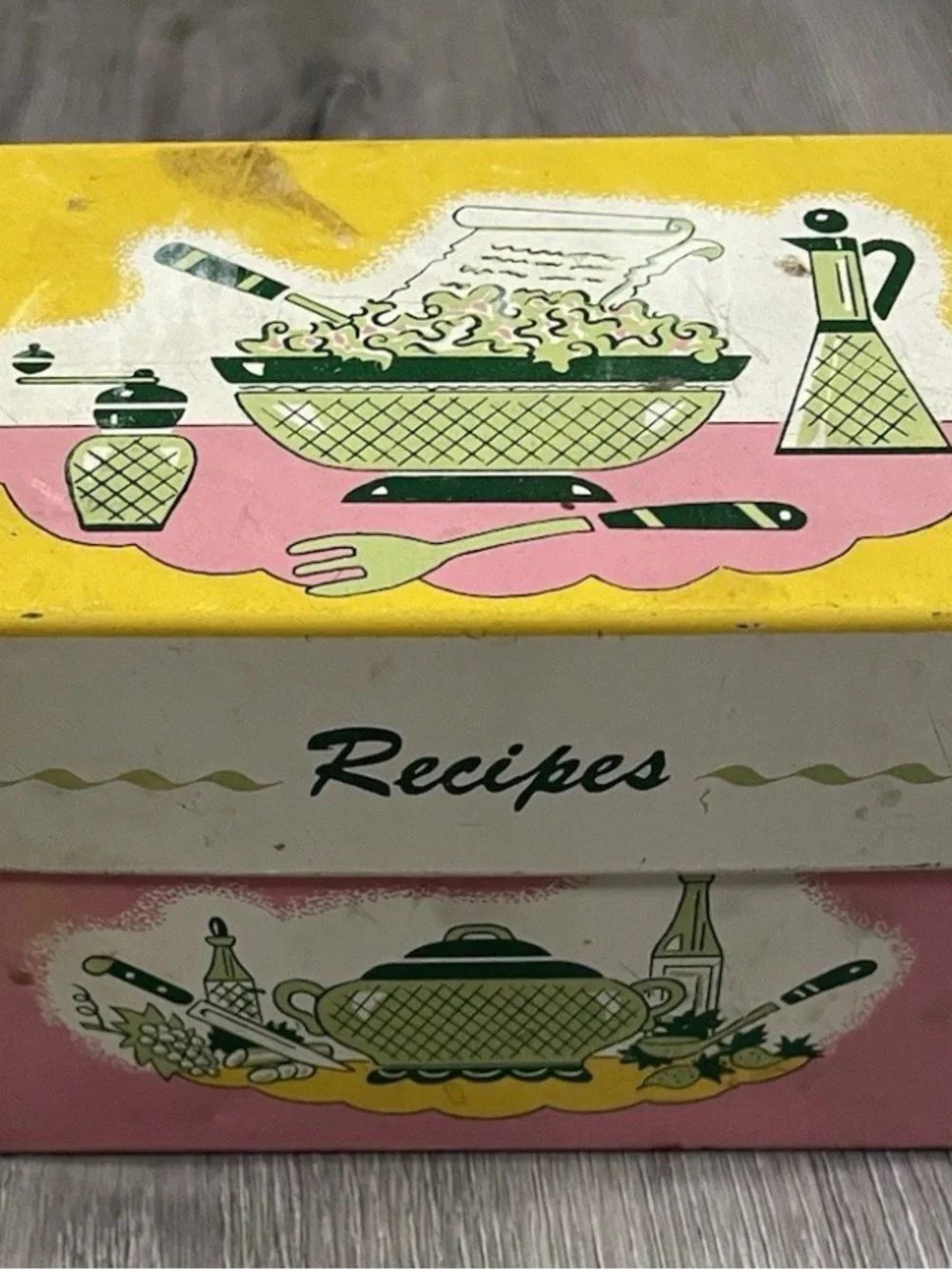 Vintage Ohio Art Metal Recipe Box Pink Yellow MCM Kitchen Tin Handwritten Recipe